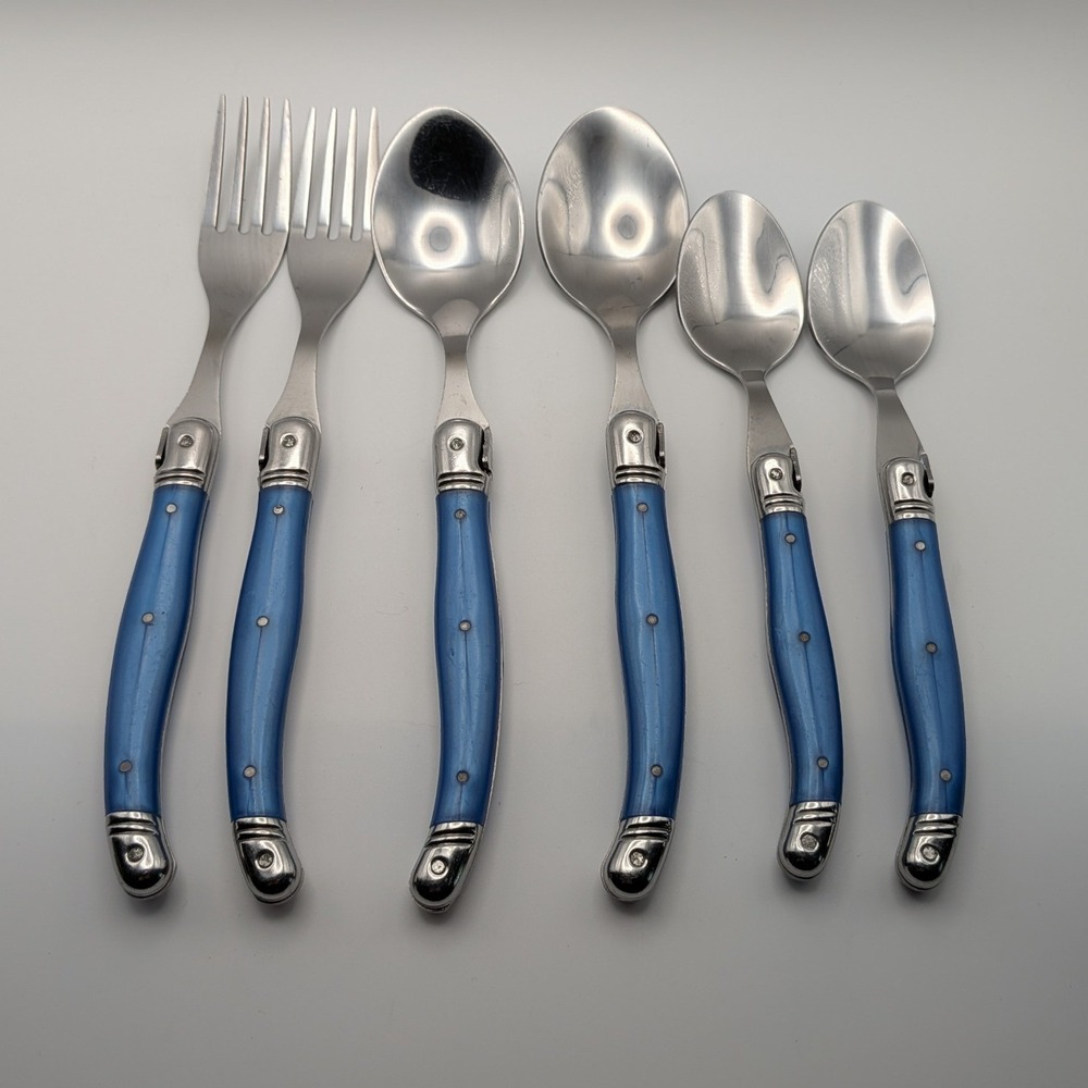 Laguiole Style Blue Pearlescent Flatware 6pc Stainless Bee Emblem Replacements
